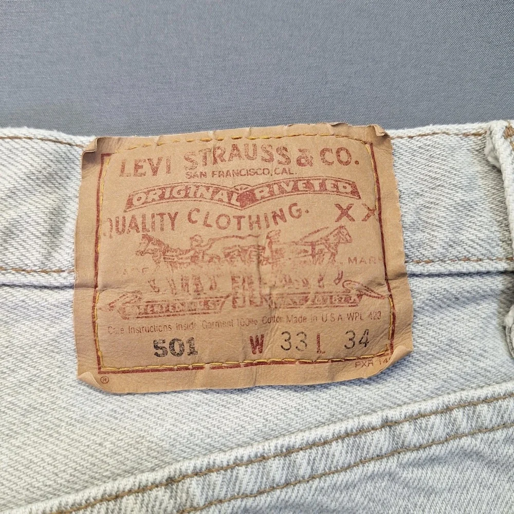 Vintage Levis 501 Jeans Mens 33x34 Grey Wash Straight Leg Denim Made in USA